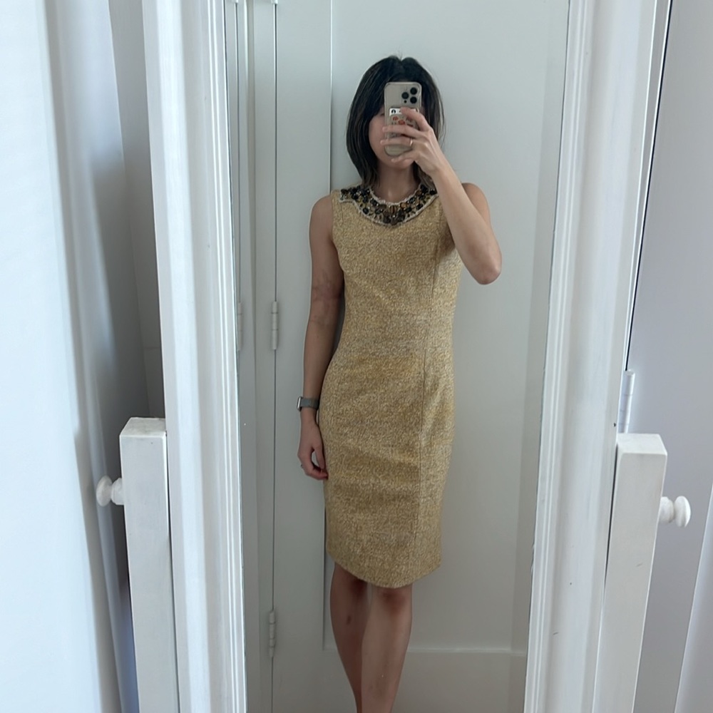 Carolina herrera beige tweed embellished midi dress
